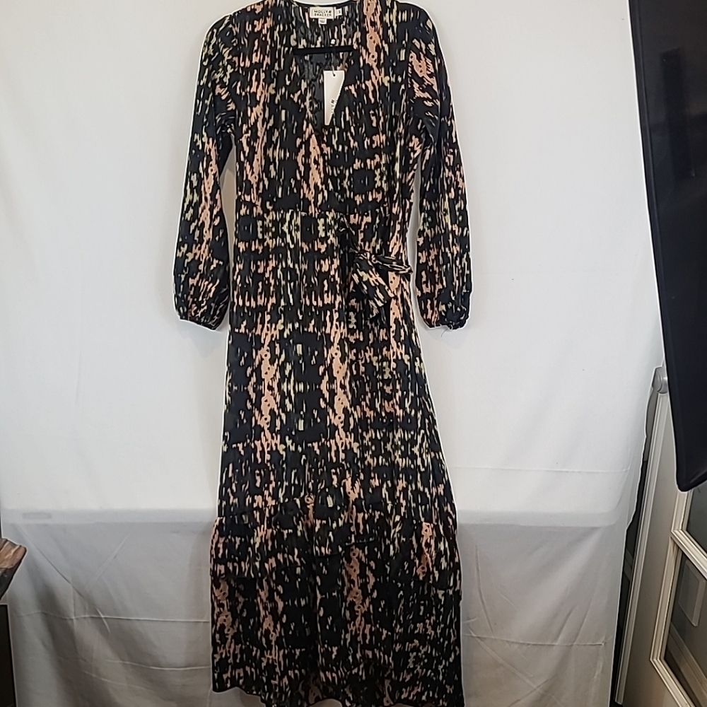 NWT Molly Bracken Women's 3/4 Sleeve Black Wrap Maxi Dress Multicolor Size S